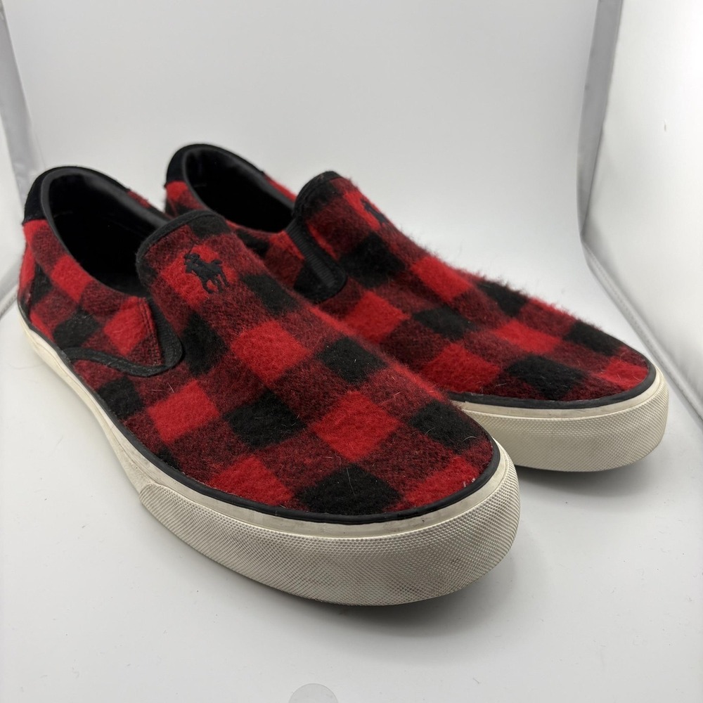 Polo Ralph Lauren Thompson Mens 12 Red Buffalo Check Plaid Slip On Sneakers